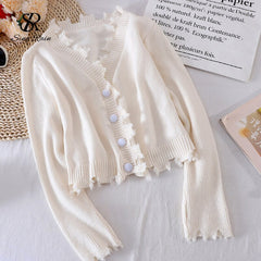 Casual Solid Knitting Cardigan V Neck Loose Buttons Style