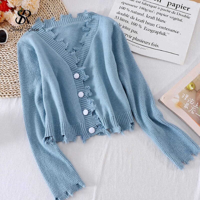 Casual Solid Knitting Cardigan V Neck Loose Buttons Style