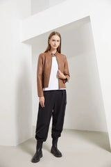 Casual Solid Round Neck Long Sleeved Classic Retro Style Leather Jacket