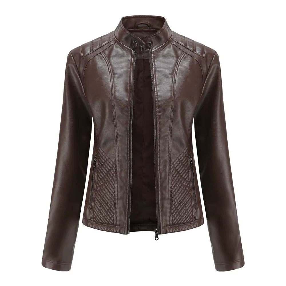 Casual Solid Round Neck Long Sleeved Classic Retro Style Leather Jacket