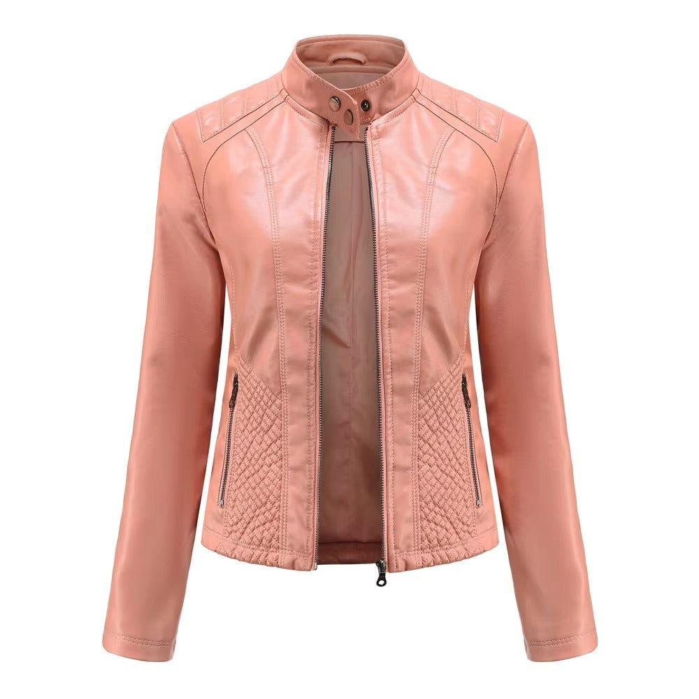 Casual Solid Round Neck Long Sleeved Classic Retro Style Leather Jacket
