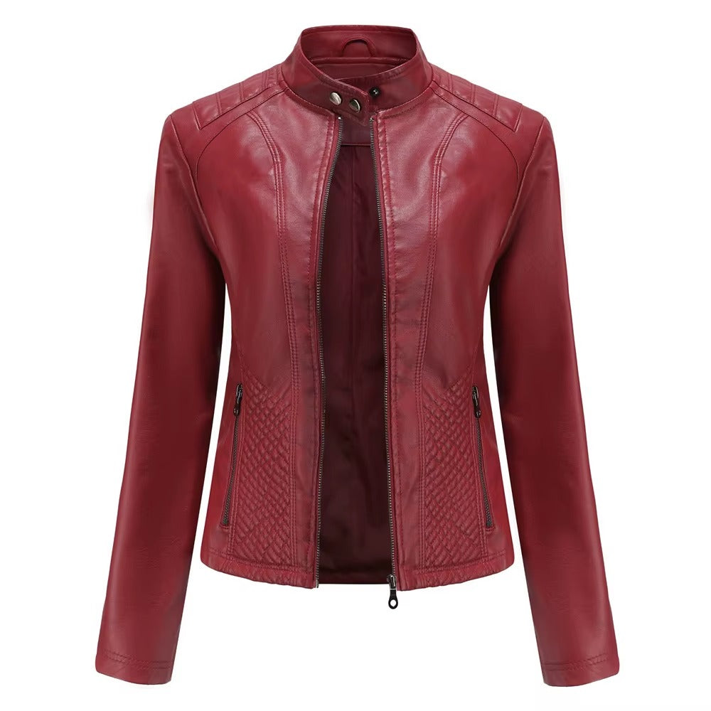 Casual Solid Round Neck Long Sleeved Classic Retro Style Leather Jacket