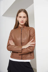 Casual Solid Round Neck Long Sleeved Classic Retro Style Leather Jacket