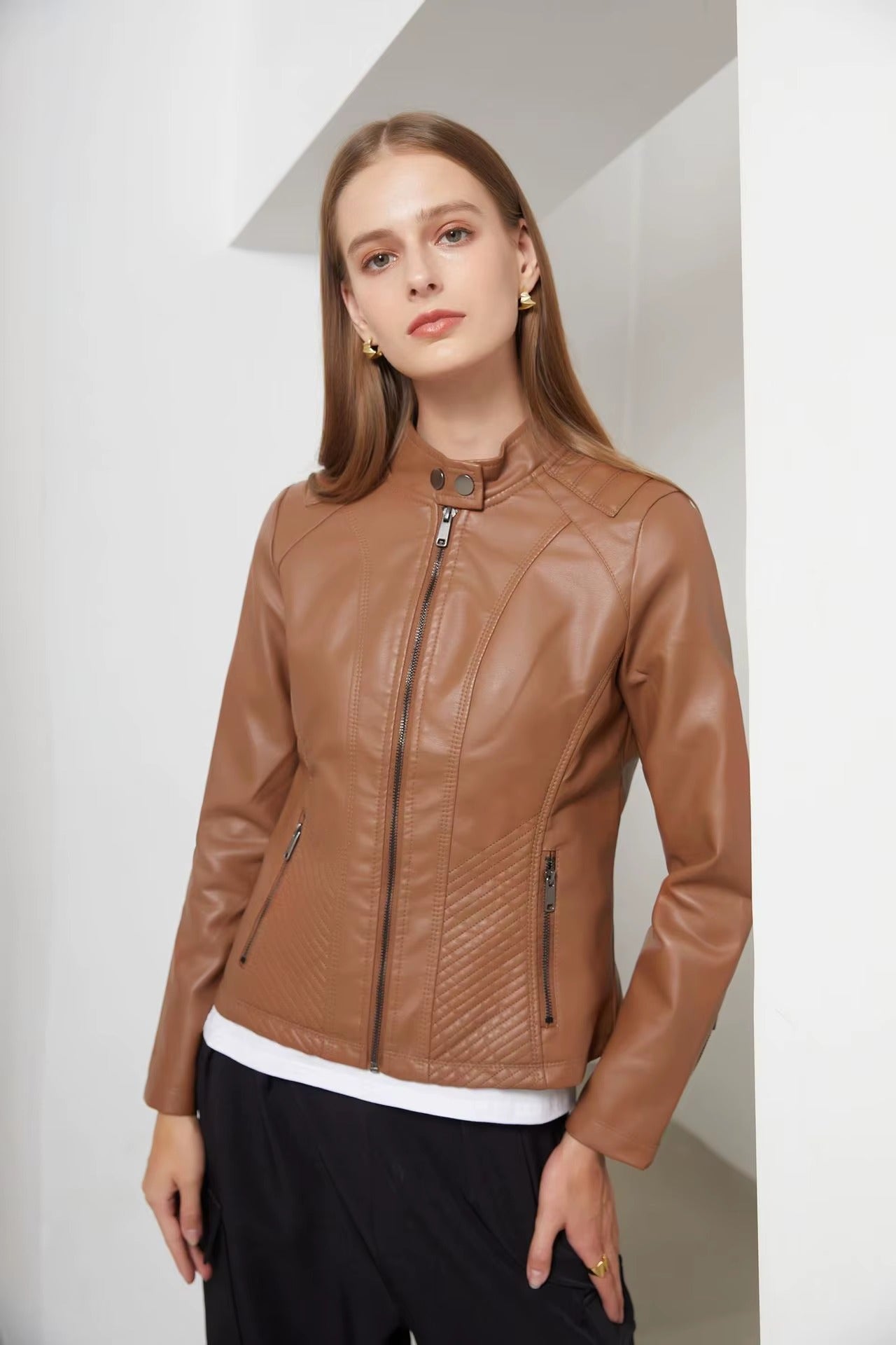 Casual Solid Round Neck Long Sleeved Classic Retro Style Leather Jacket
