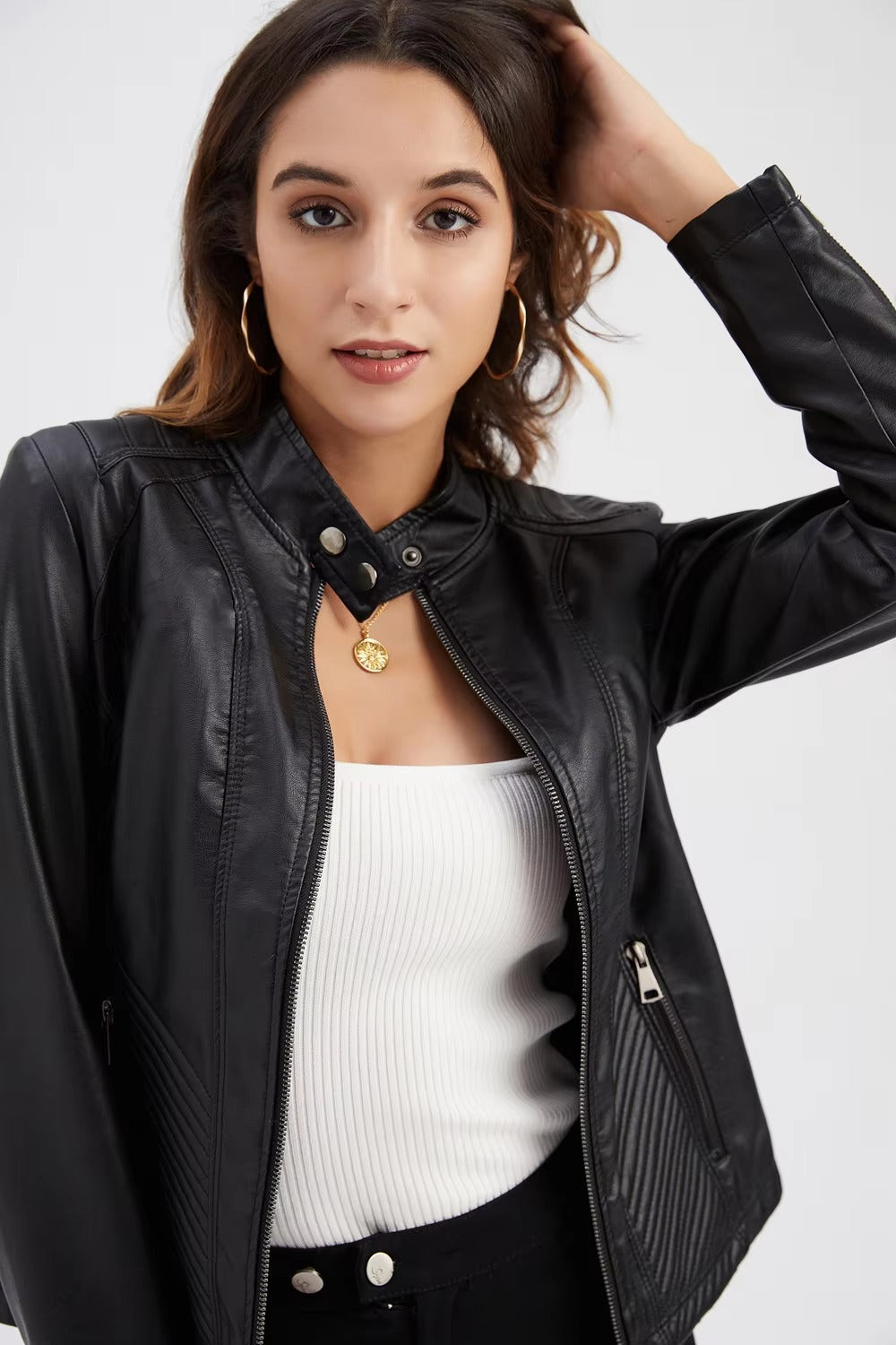 Casual Solid Round Neck Long Sleeved Classic Retro Style Leather Jacket