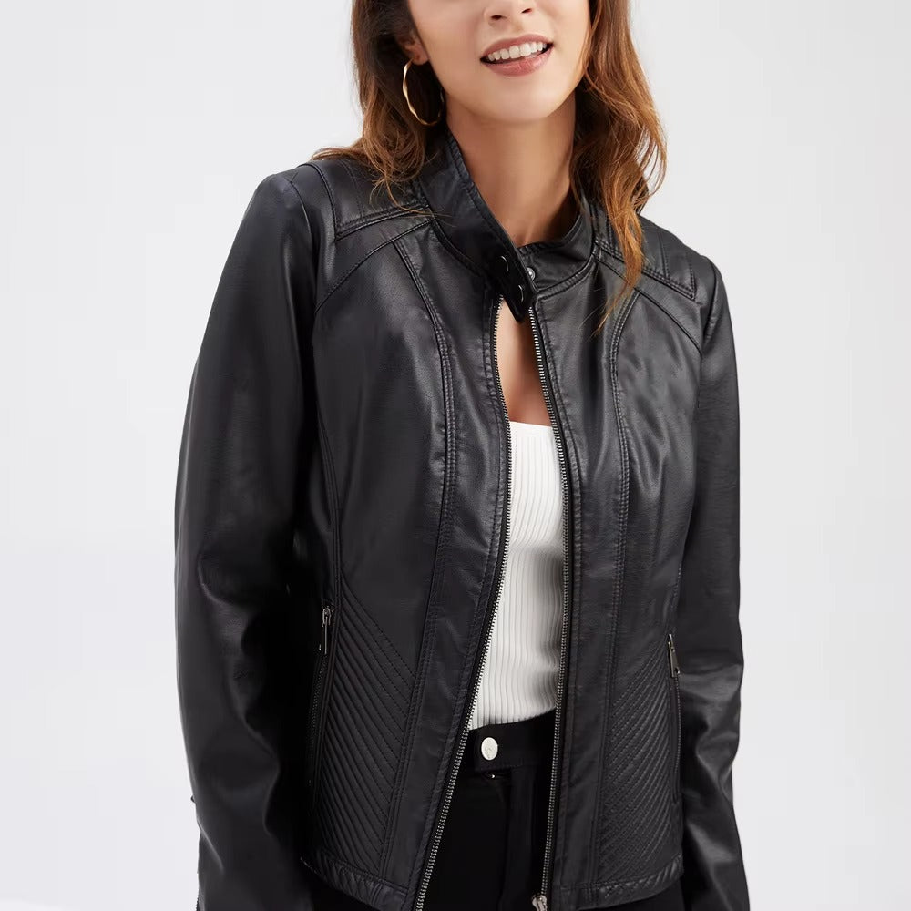 Casual Solid Round Neck Long Sleeved Classic Retro Style Leather Jacket