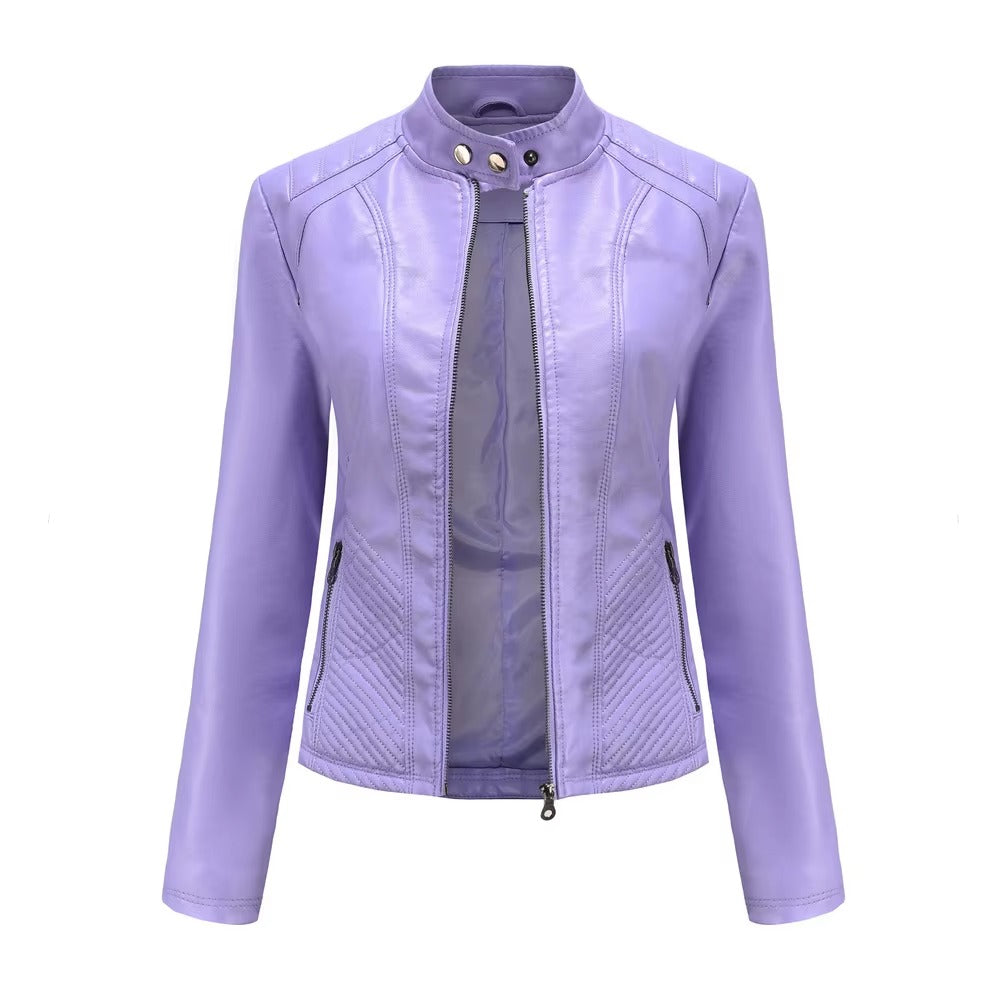 Casual Solid Round Neck Long Sleeved Classic Retro Style Leather Jacket