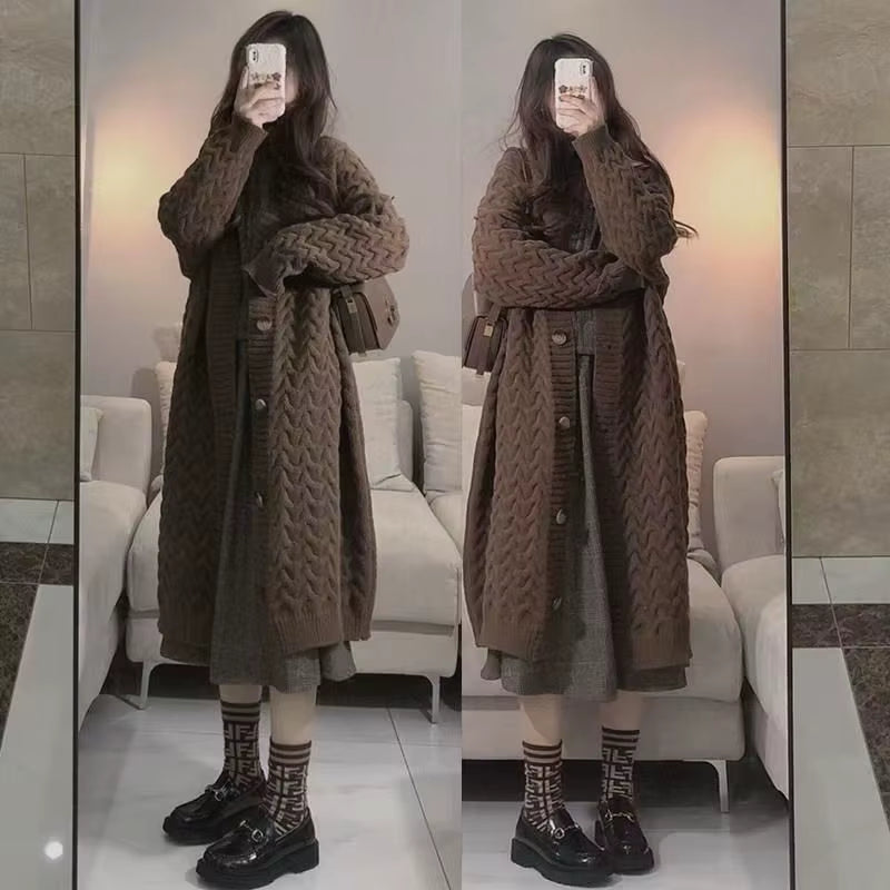 Casual Solid Single Breasted Thickened Cashmere Long Cardigan Over Knee Sweater