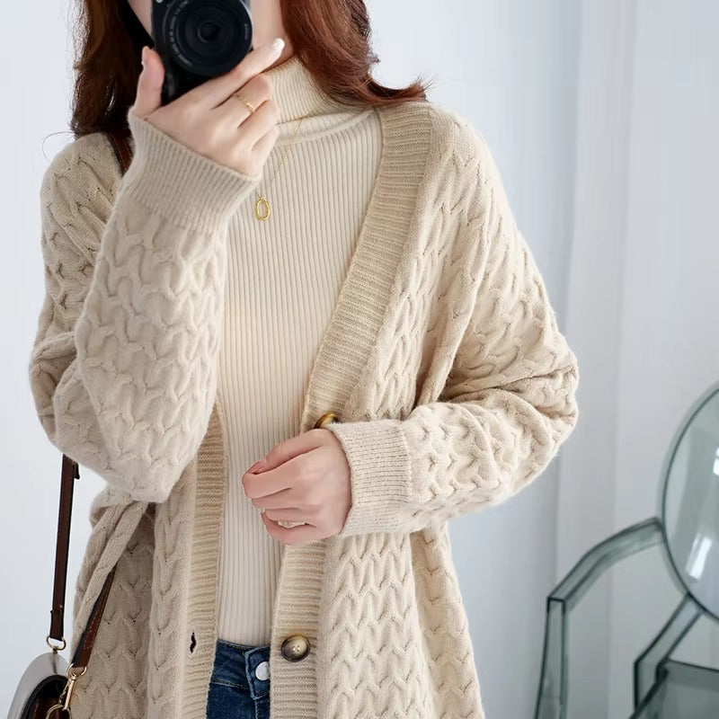 Casual Solid Single Breasted Thickened Cashmere Long Cardigan Over Knee Sweater