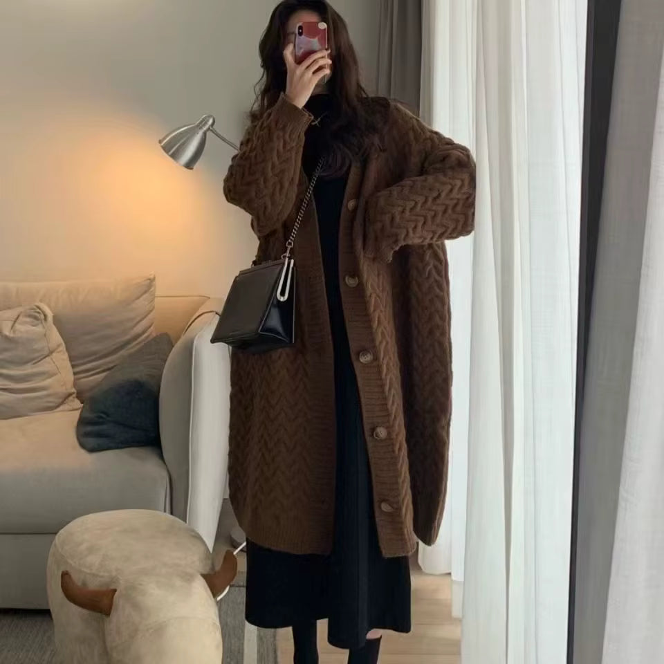 Casual Solid Single Breasted Thickened Cashmere Long Cardigan Over Knee Sweater