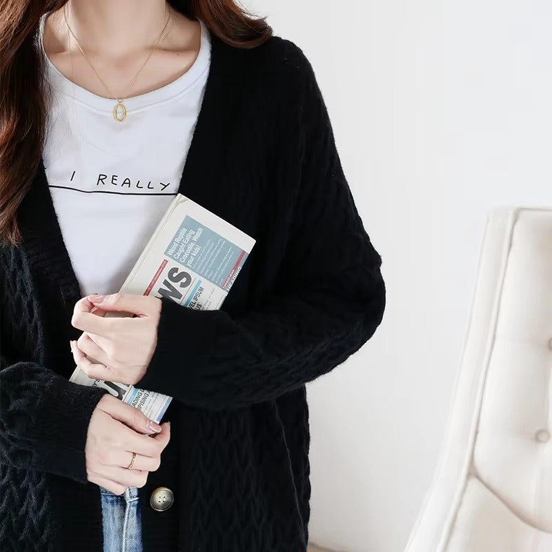 Casual Solid Single Breasted Thickened Cashmere Long Cardigan Over Knee Sweater