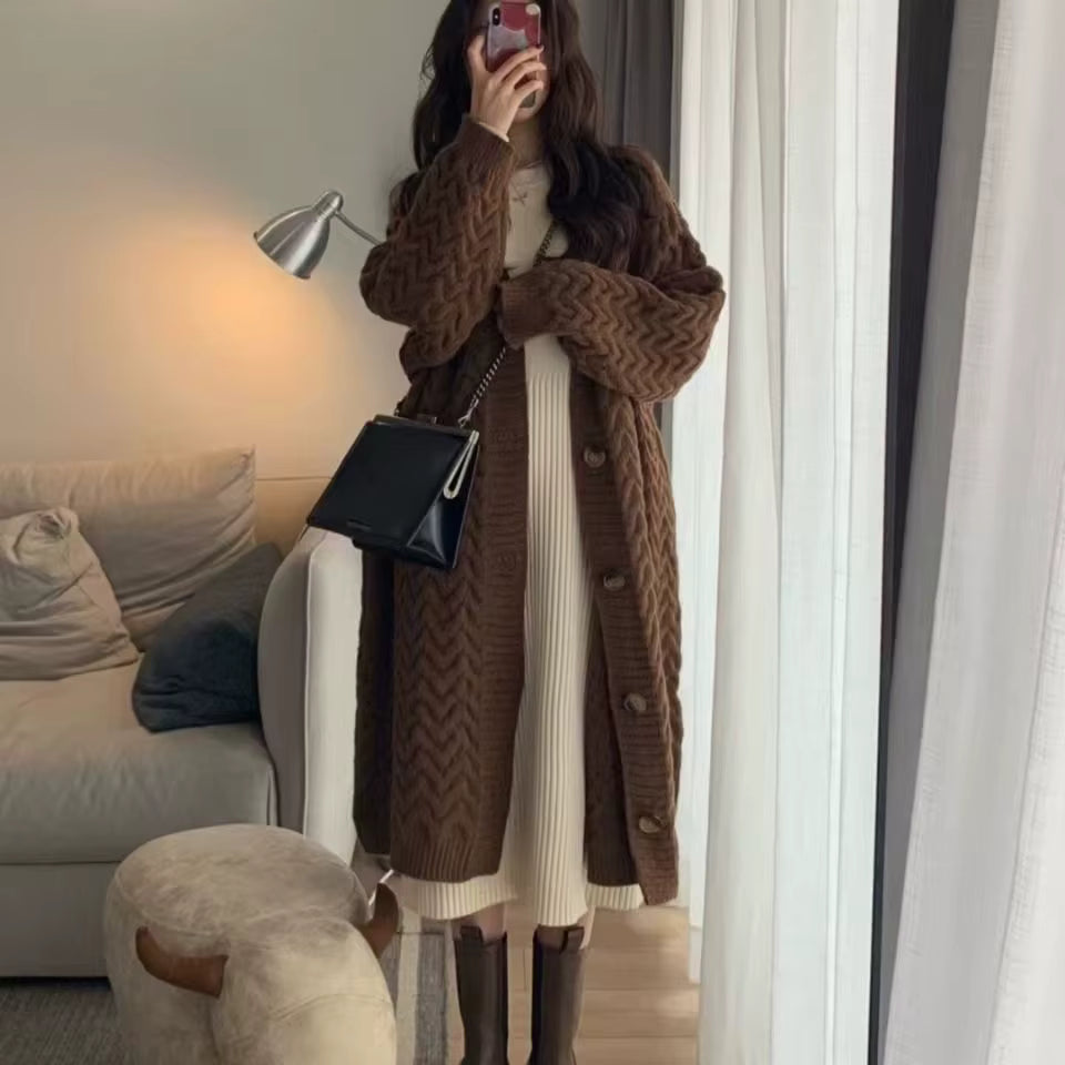 Casual Solid Single Breasted Thickened Cashmere Long Cardigan Over Knee Sweater