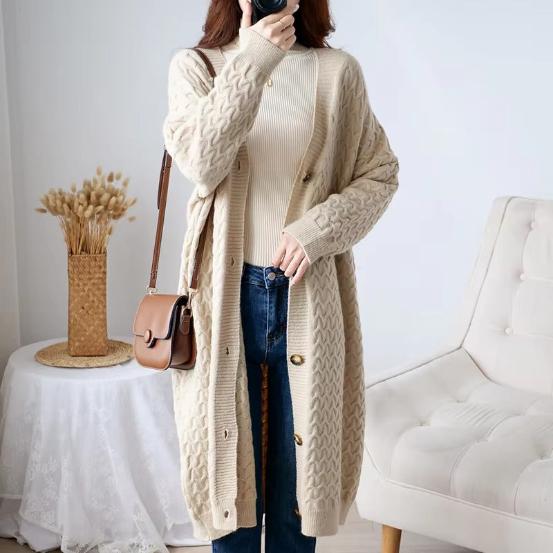 Casual Solid Single Breasted Thickened Cashmere Long Cardigan Over Knee Sweater