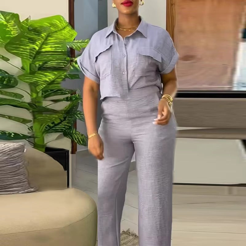 Casual Solid Turn-down Neck Short Sleeve Loose Top Wide Leg Pants Streetwear Two Piece Sets