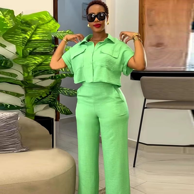 Casual Solid Turn-down Neck Short Sleeve Loose Top Wide Leg Pants Streetwear Two Piece Sets