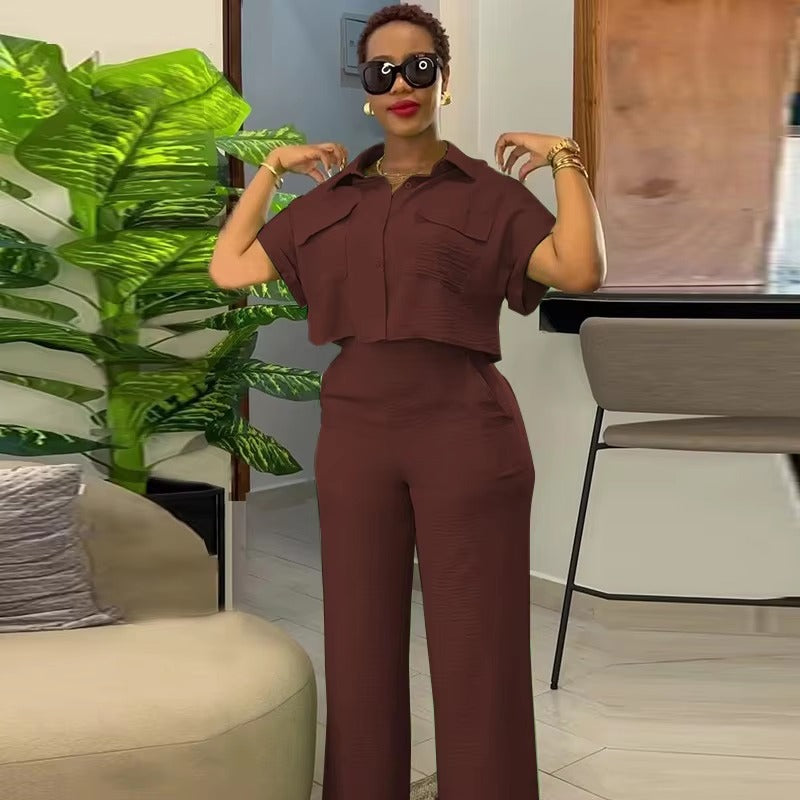 Casual Solid Turn-down Neck Short Sleeve Loose Top Wide Leg Pants Streetwear Two Piece Sets