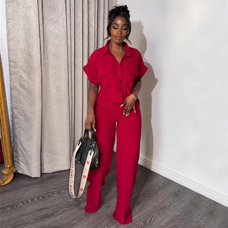 Casual Solid Turn-down Neck Short Sleeve Loose Top Wide Leg Pants Streetwear Two Piece Sets