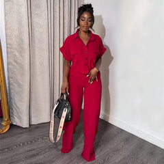 Casual Solid Turn-down Neck Short Sleeve Loose Top Wide Leg Pants Streetwear Two Piece Sets