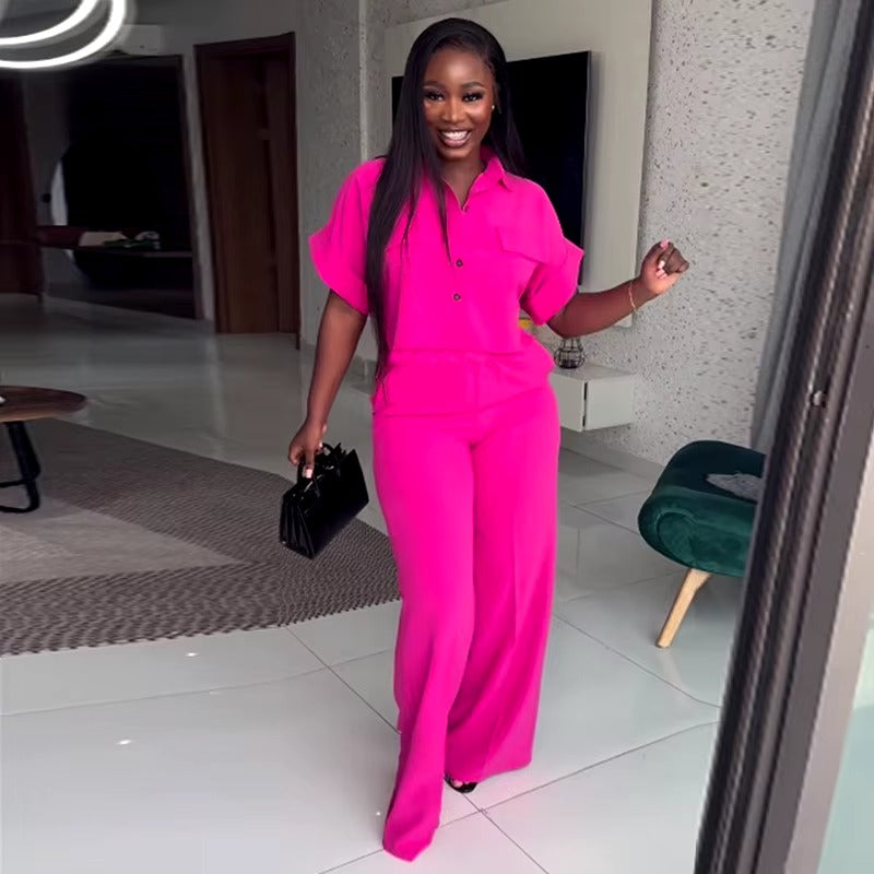 Casual Solid Turn-down Neck Short Sleeve Loose Top Wide Leg Pants Streetwear Two Piece Sets