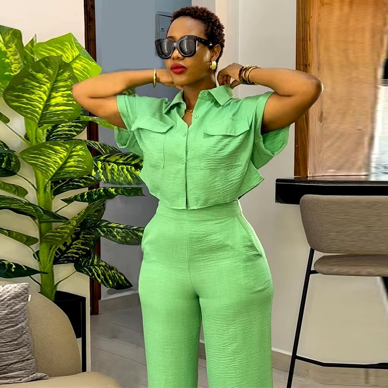 Casual Solid Turn-down Neck Short Sleeve Loose Top Wide Leg Pants Streetwear Two Piece Sets