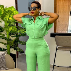 Casual Solid Turn-down Neck Short Sleeve Loose Top Wide Leg Pants Streetwear Two Piece Sets
