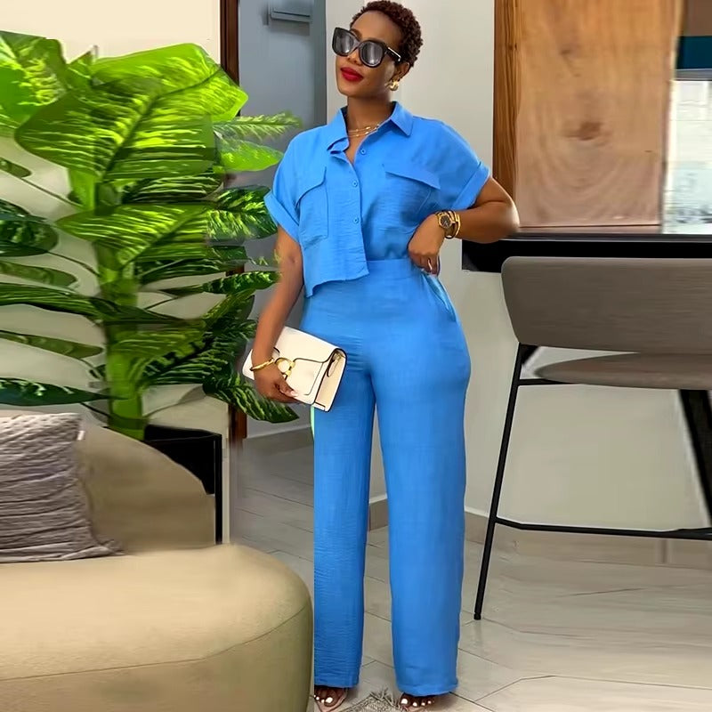 Casual Solid Turn-down Neck Short Sleeve Loose Top Wide Leg Pants Streetwear Two Piece Sets