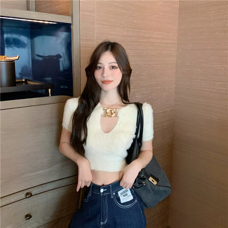 Casual Solid V-Neck Pullovers Retro Chain Slim Short Sweater