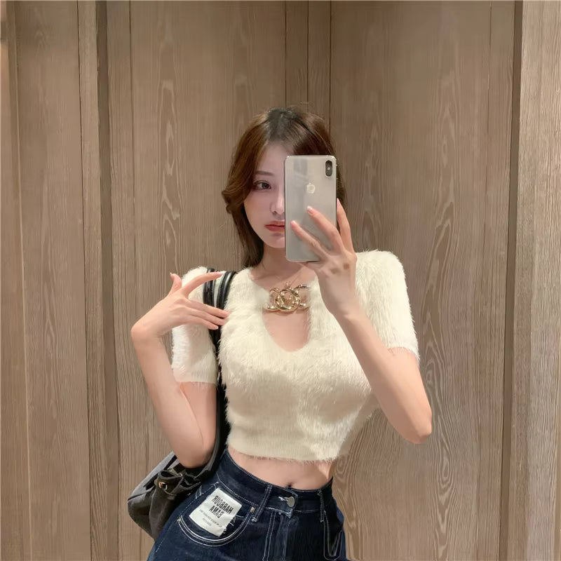 Casual Solid V-Neck Pullovers Retro Chain Slim Short Sweater