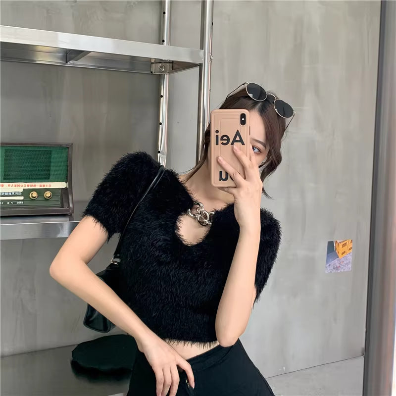 Casual Solid V-Neck Pullovers Retro Chain Slim Short Sweater