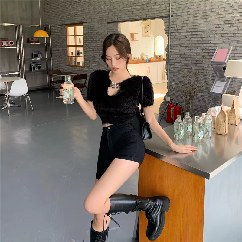 Casual Solid V-Neck Pullovers Retro Chain Slim Short Sweater