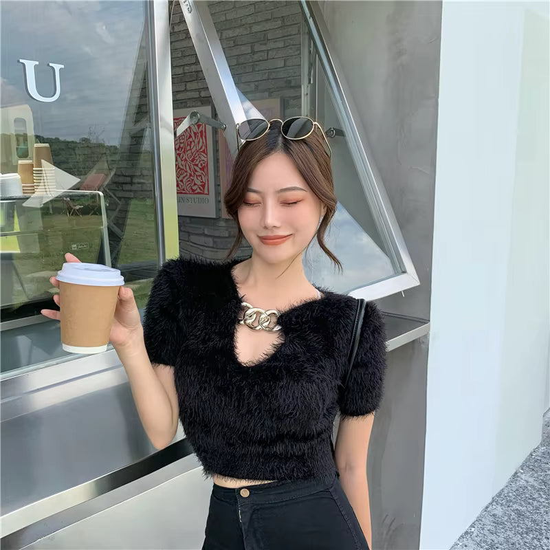 Casual Solid V-Neck Pullovers Retro Chain Slim Short Sweater