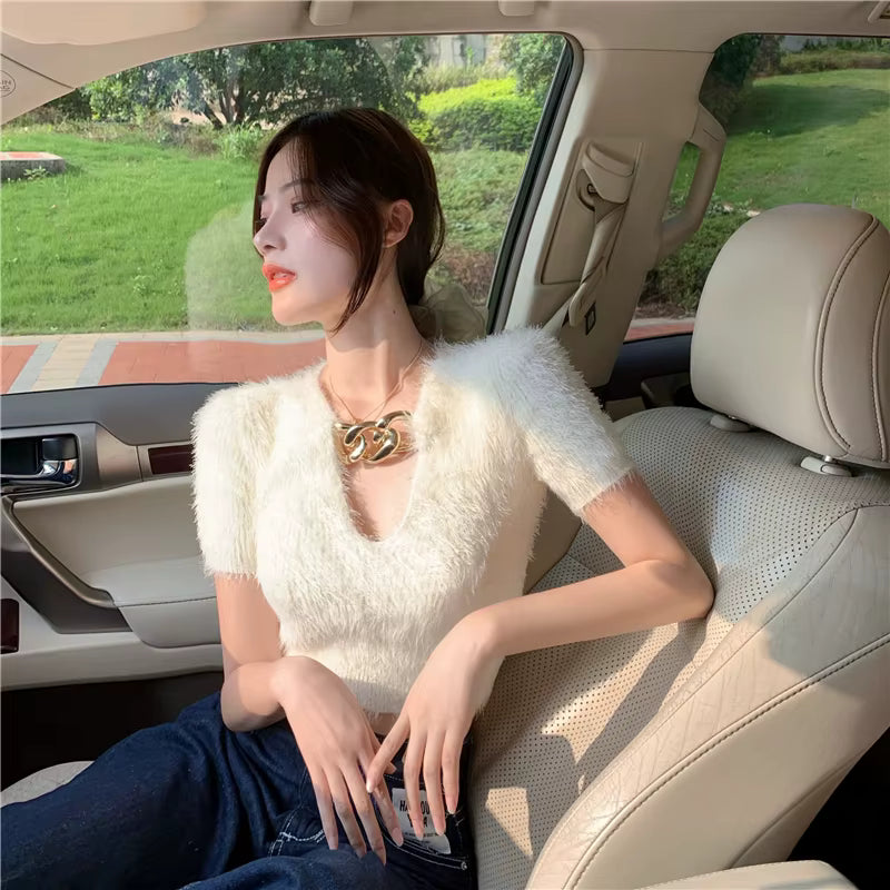 Casual Solid V-Neck Pullovers Retro Chain Slim Short Sweater