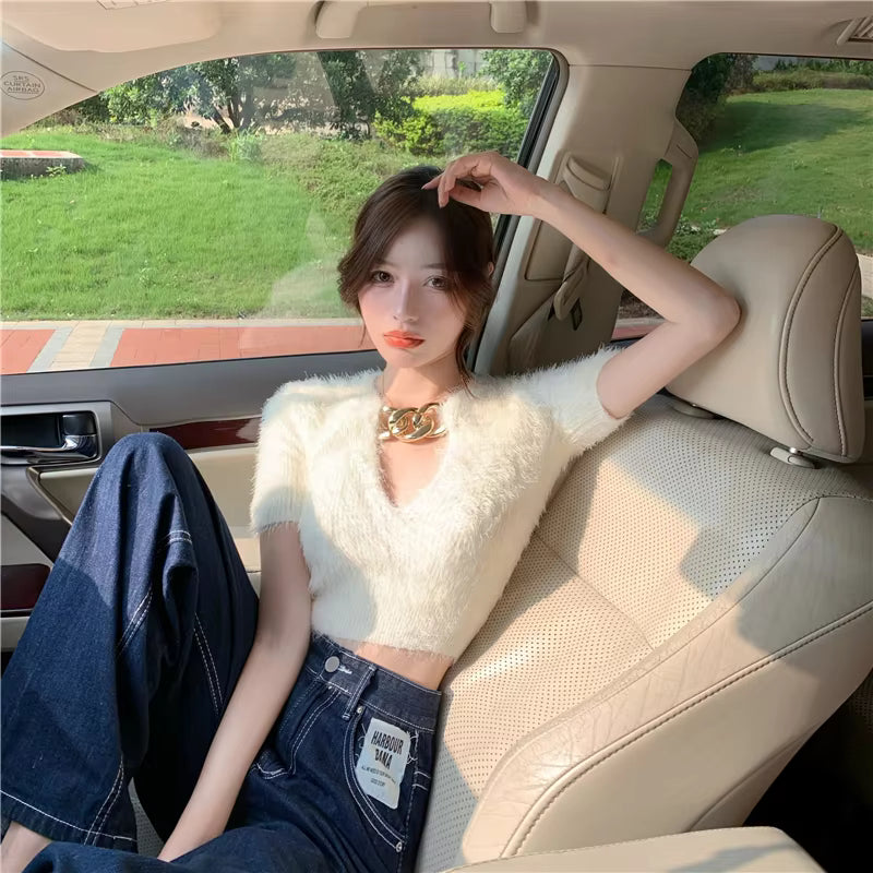 Casual Solid V-Neck Pullovers Retro Chain Slim Short Sweater