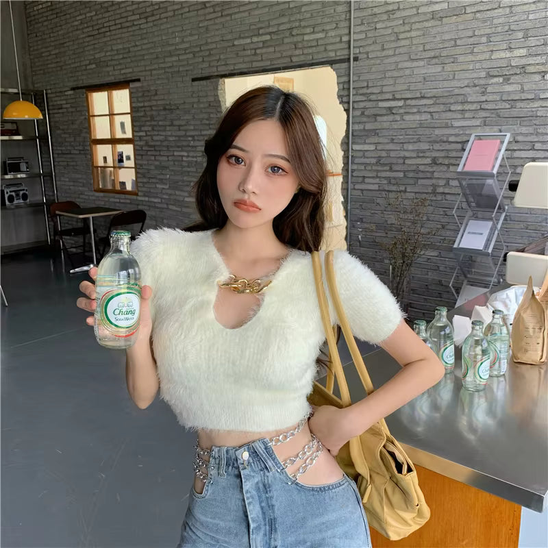 Casual Solid V-Neck Pullovers Retro Chain Slim Short Sweater