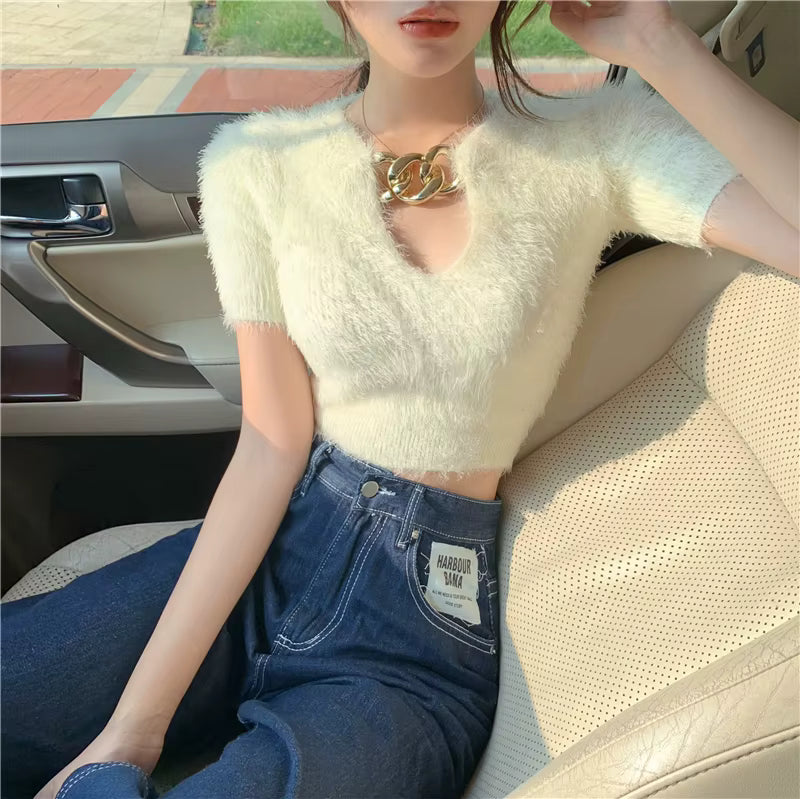 Casual Solid V-Neck Pullovers Retro Chain Slim Short Sweater