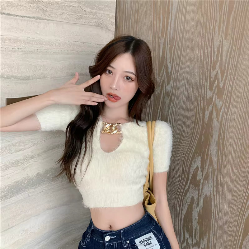 Casual Solid V-Neck Pullovers Retro Chain Slim Short Sweater