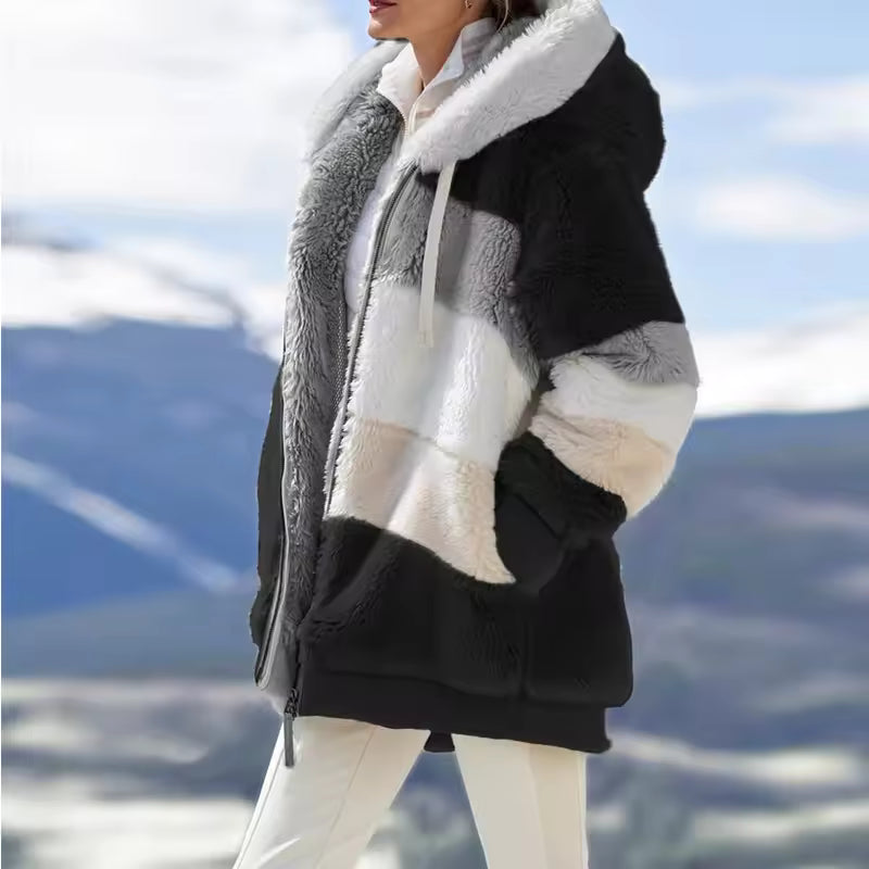 Casual Stitching Plaid Hooded Spliced Zipper Cashmere Jacket