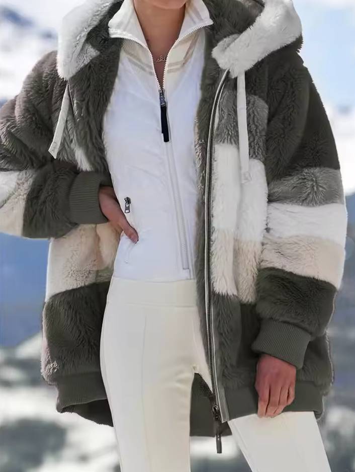 Casual Stitching Plaid Hooded Spliced Zipper Cashmere Jacket