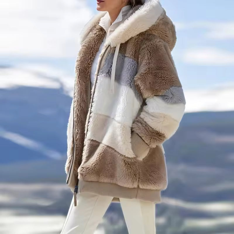 Casual Stitching Plaid Hooded Spliced Zipper Cashmere Jacket