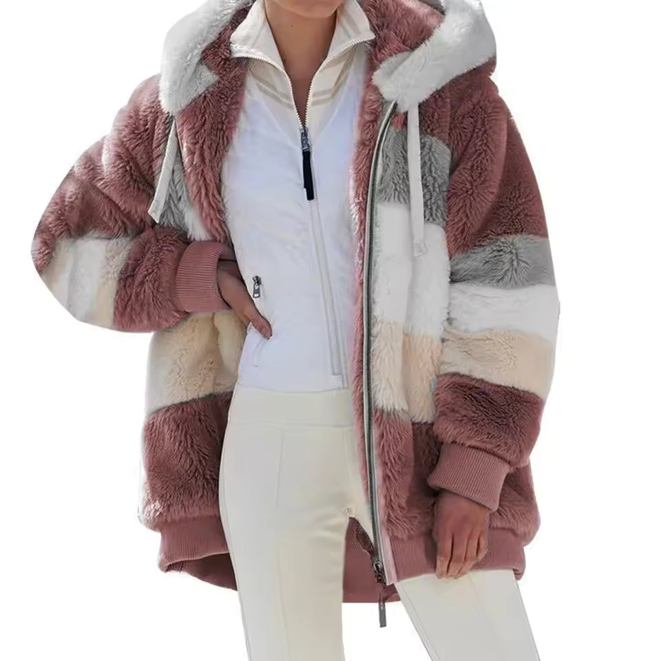 Casual Stitching Plaid Hooded Spliced Zipper Cashmere Jacket