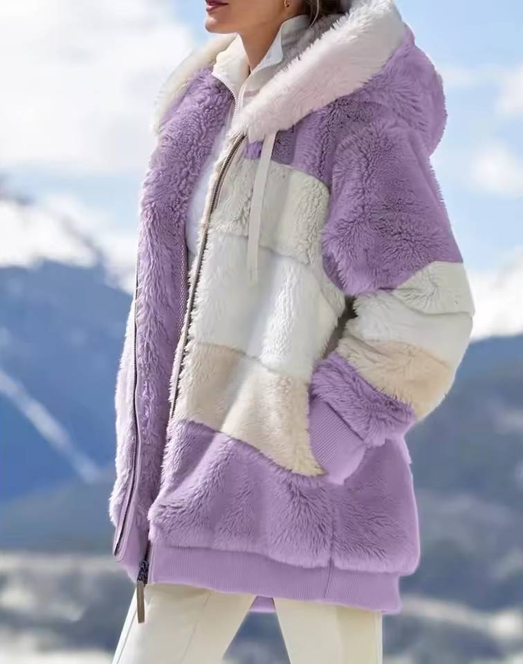 Casual Stitching Plaid Hooded Spliced Zipper Cashmere Jacket