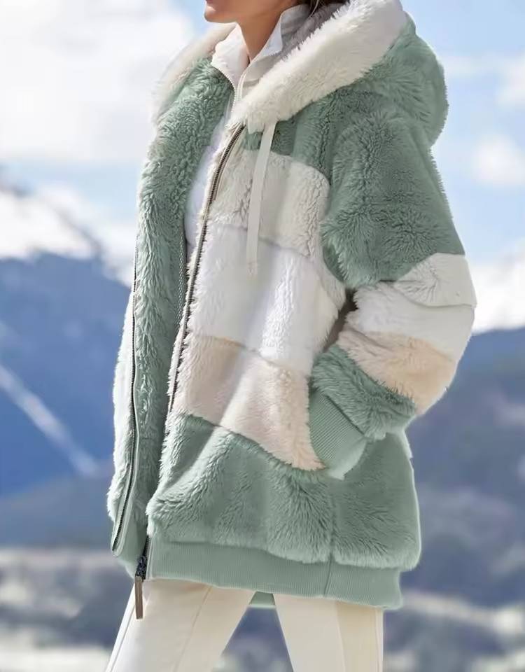 Casual Stitching Plaid Hooded Spliced Zipper Cashmere Jacket