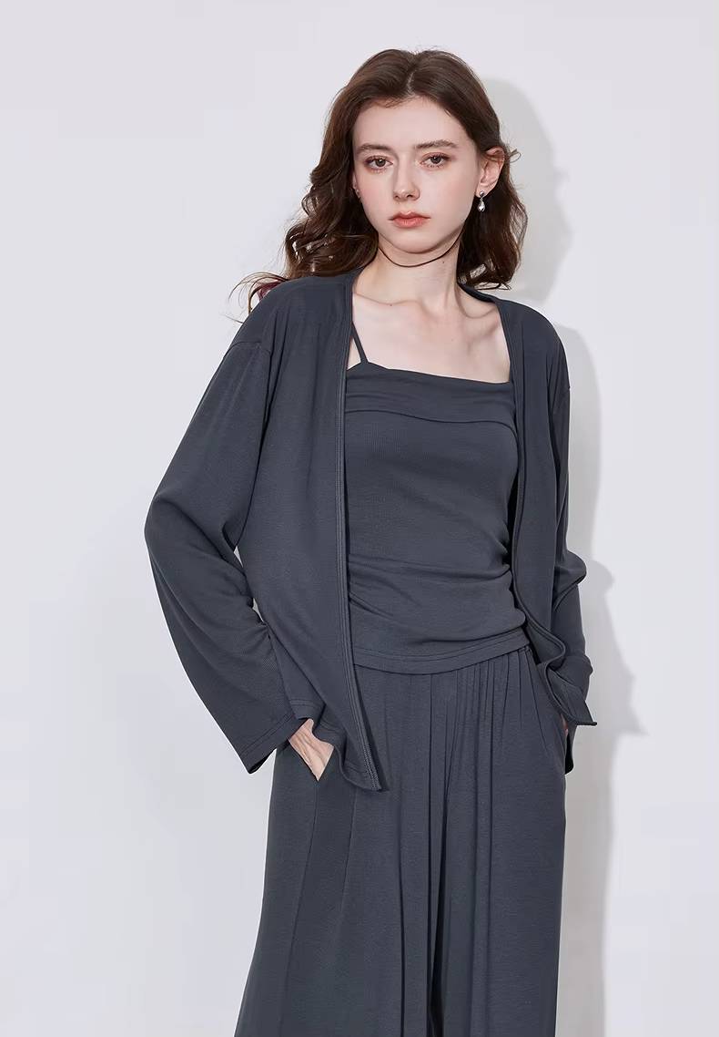Casual Strap Bottom With Pockets Cardigan And Ankle-Length Wide Leg Pants