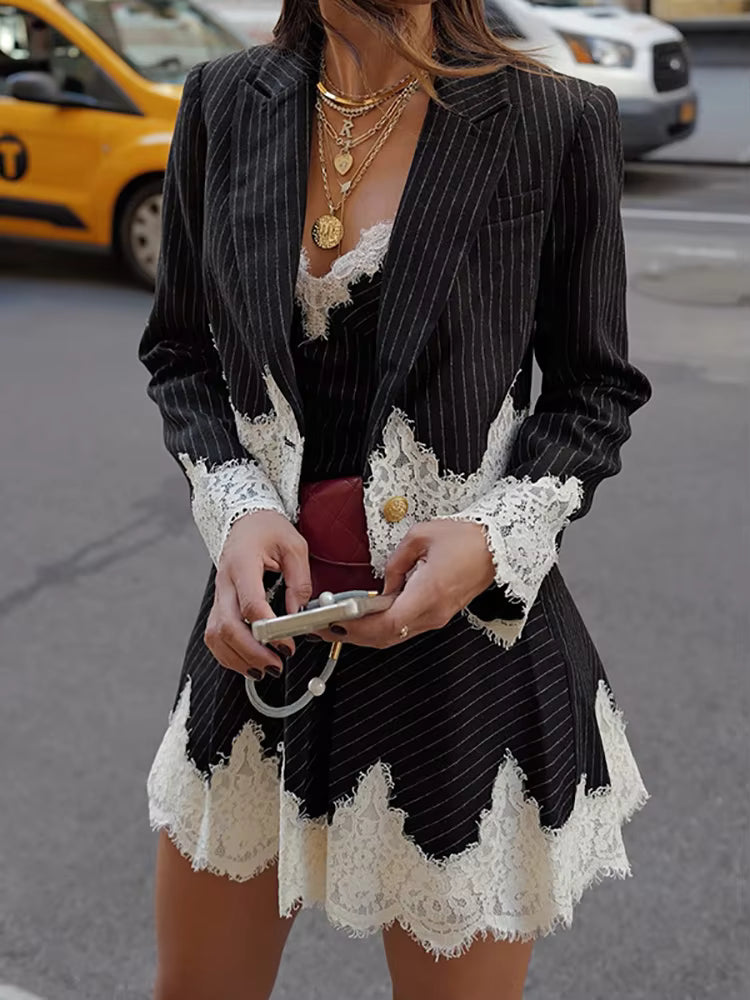 Casual Striped Patchwork Cardigan Top And Skirt Sets