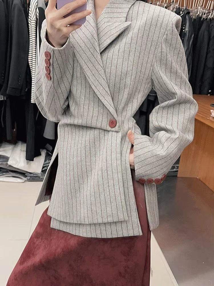 Casual Striped Printting Asymmetrical Chic Notched Collar Long Sleeve Slimming Blazer
