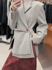 Casual Striped Printting Asymmetrical Chic Notched Collar Long Sleeve Slimming Blazer