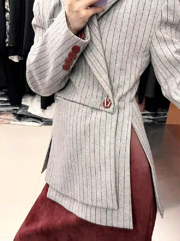 Casual Striped Printting Asymmetrical Chic Notched Collar Long Sleeve Slimming Blazer