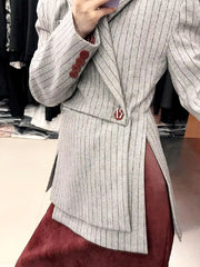 Casual Striped Printting Asymmetrical Chic Notched Collar Long Sleeve Slimming Blazer