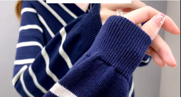 Casual Striped V-Neck Losse Knitted Pullovers Button Fashion Elegant Sweaters