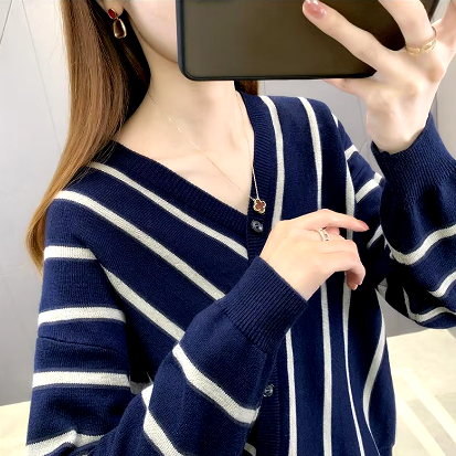 Casual Striped V-Neck Losse Knitted Pullovers Button Fashion Elegant Sweaters